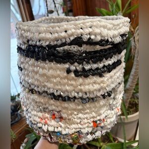 Handmade from repurposed plastic bags crocheted shopping basket laundry tote